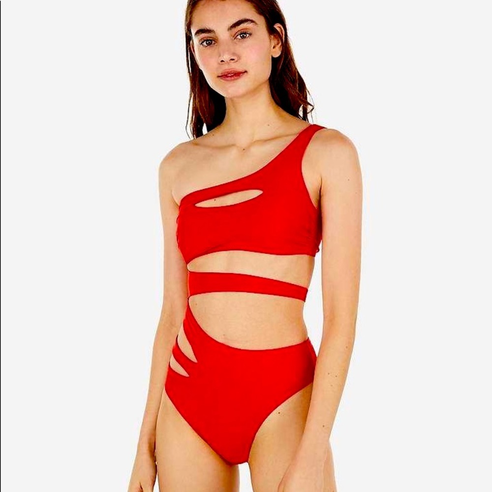 EXPRESS SLASHED CUTOUT ONE SHOULDER ONE-PIECE SWIMSUIT - great for pole! Size s